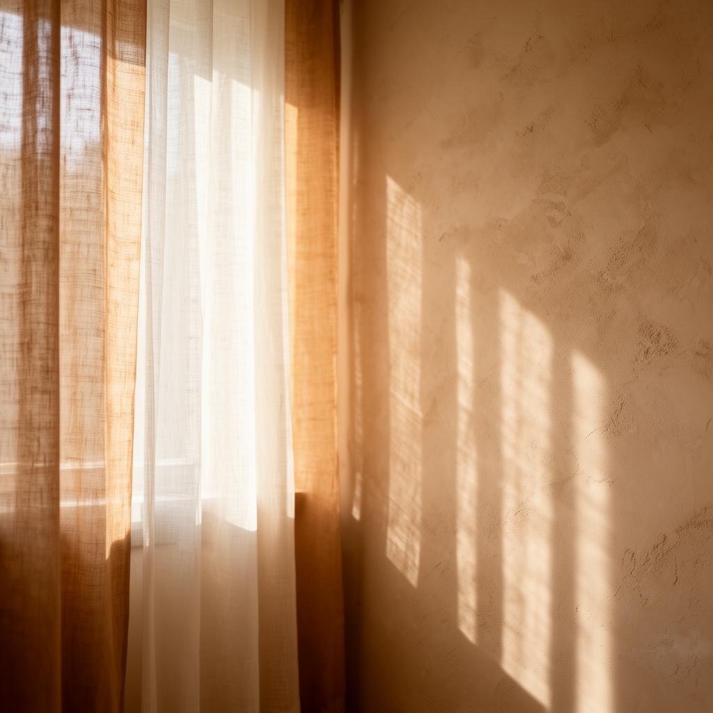 Warm sunlight streaming through sheer linen curtains onto a textured plaster wall