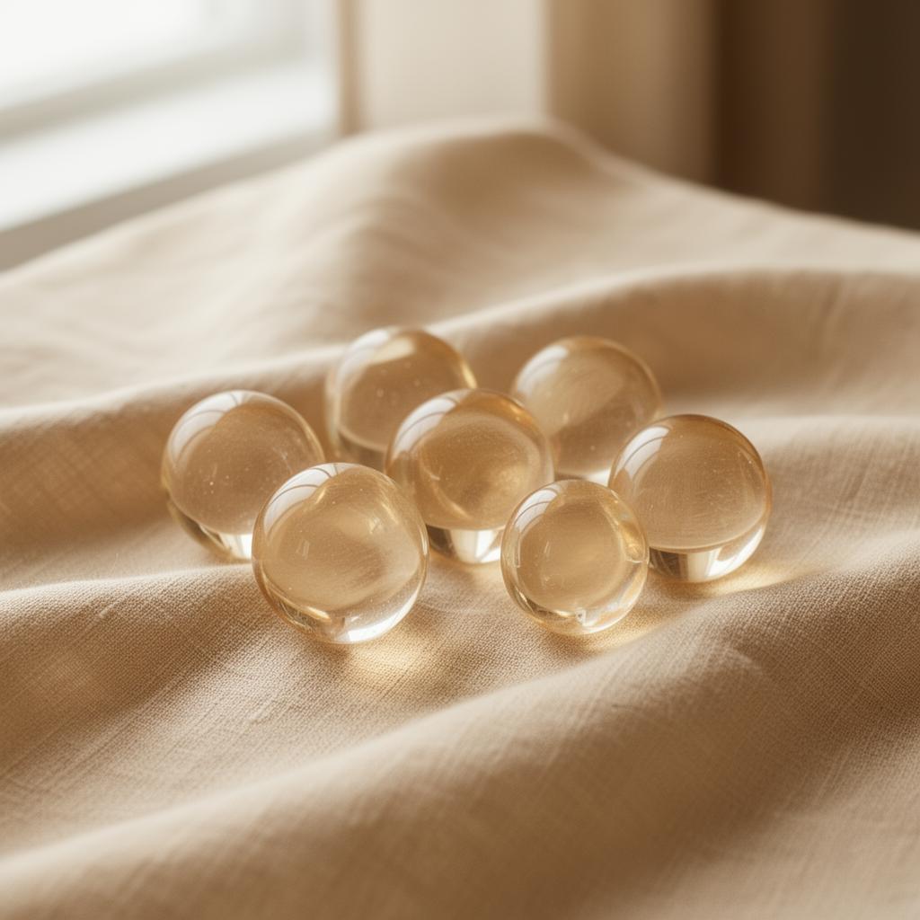 Delicate translucent glass spheres resting on warm linen in soft natural light